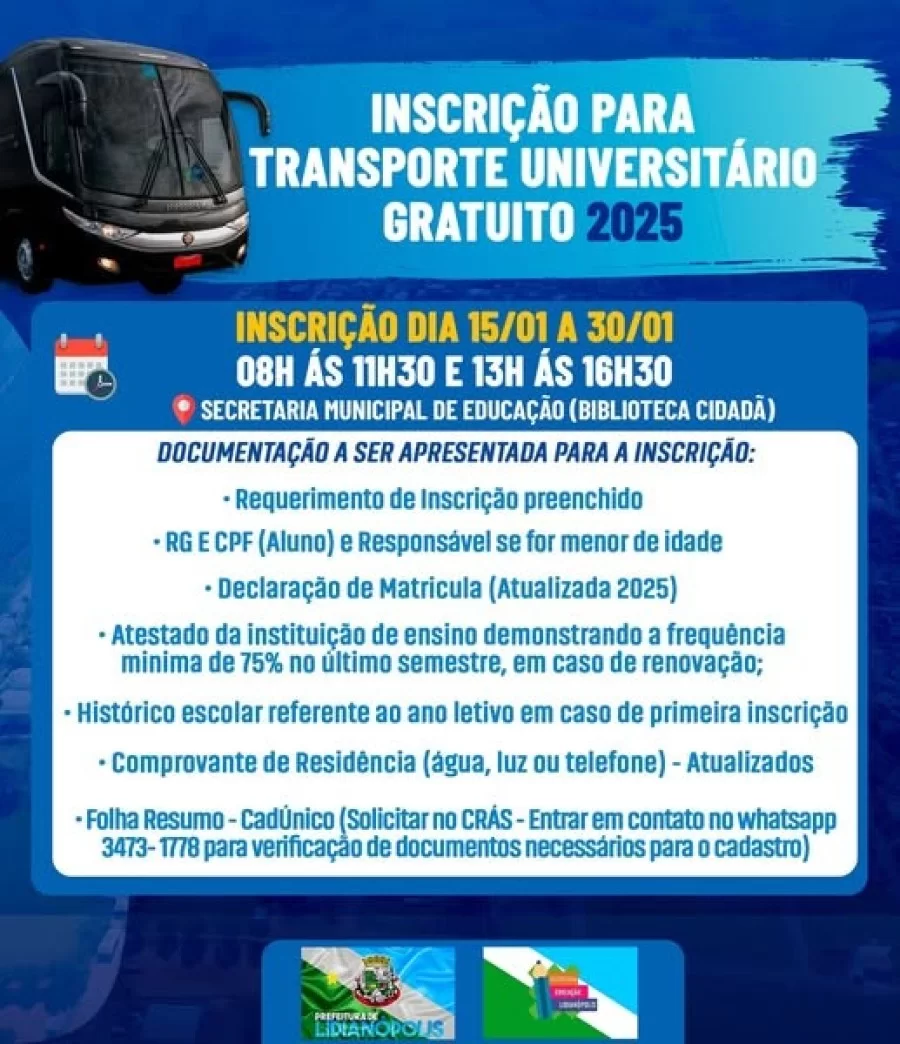 INSCRIÇÃO PARA TRANSPORTE UNIVERSITÁRIO GRATUITO 2025