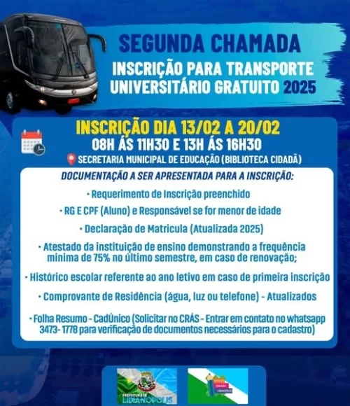 SEGUNDA CHAMADA: Inscrições para transporte universitário gratuito 2025